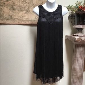 Guess black dress, small, crochet top, fringe bottom like Roaring 20’s, NWT
